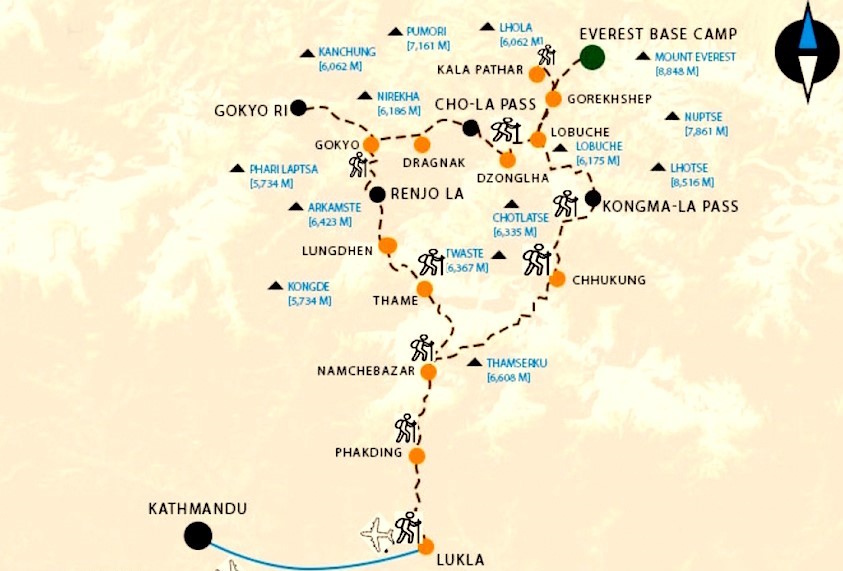 17 Days Three-passes-trek-map